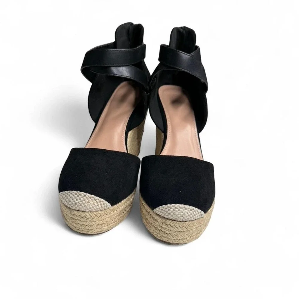 Black Suede Espadrille Wedge Sandals Boho Festival
